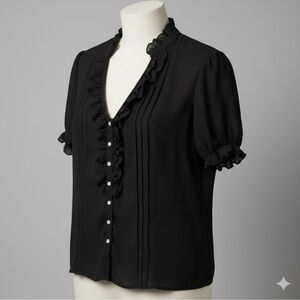 CLEO Black Ruffle V-Neck Blouse with Rhinestone Buttons - Size S